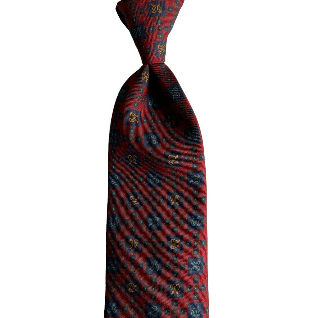 Paisley Ancient Madder Silk Tie - Untipped - Burgundy/Navy Blue/Orange