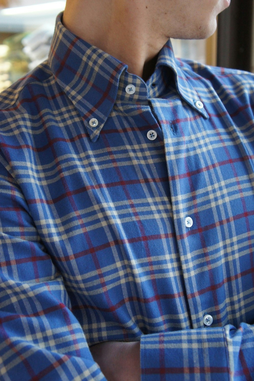 Check Flannel Shirt - Button Down - Light Navy Blue/Beige/Burgundy