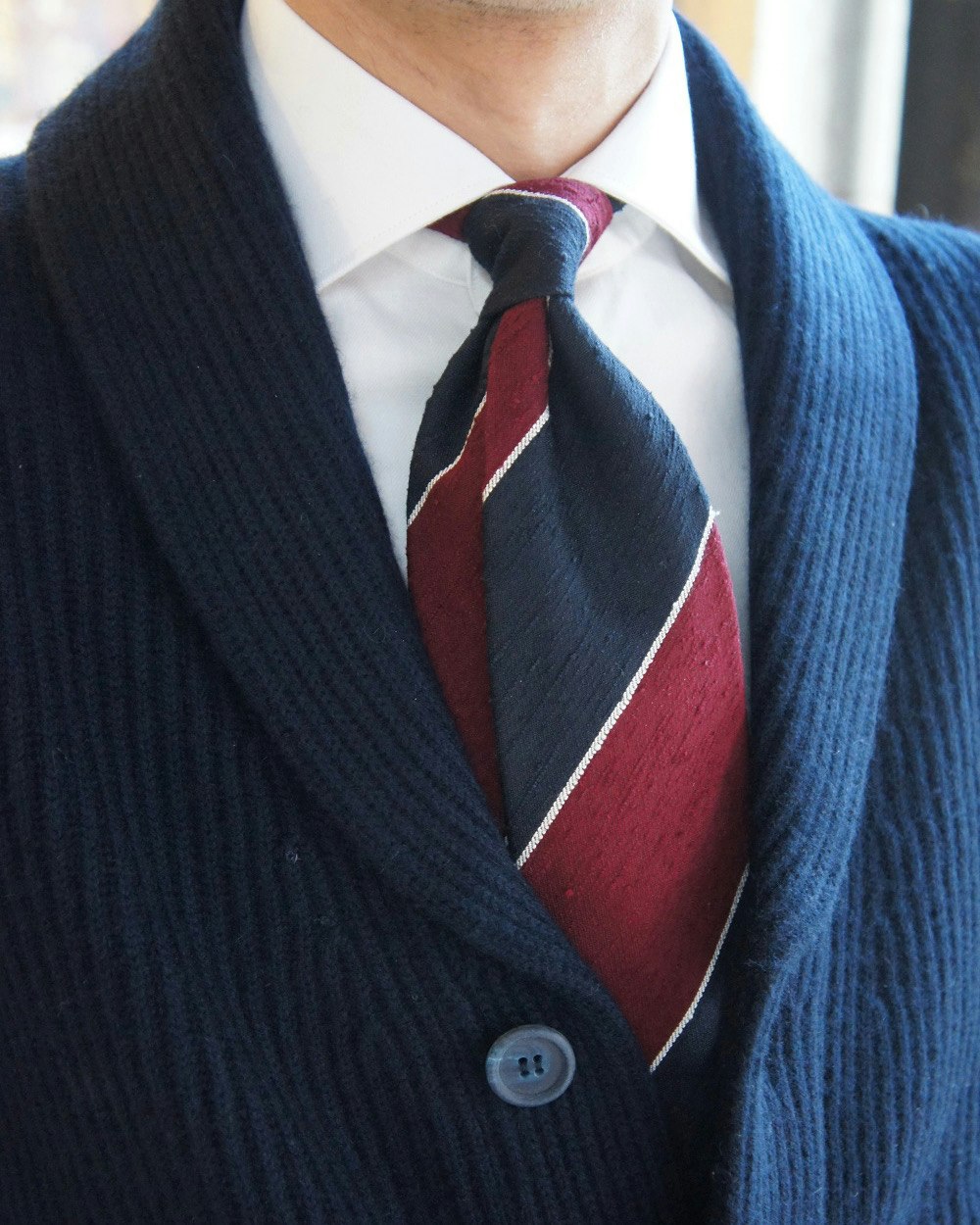 Blockstripe Shantung Tie - Untipped - Burgundy/White/Navy Blue