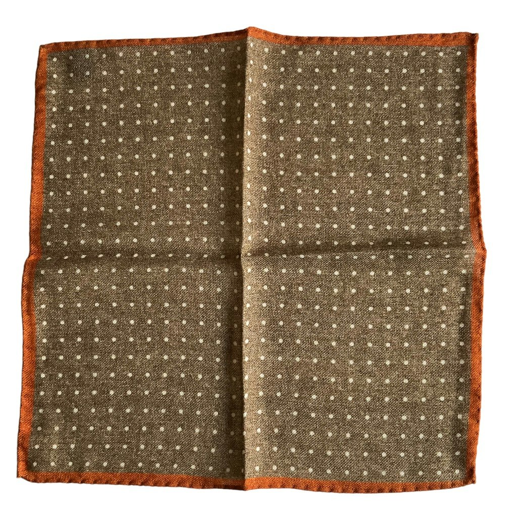 Polka Dot Wool Pocket Square - Light Brown/White/Orange