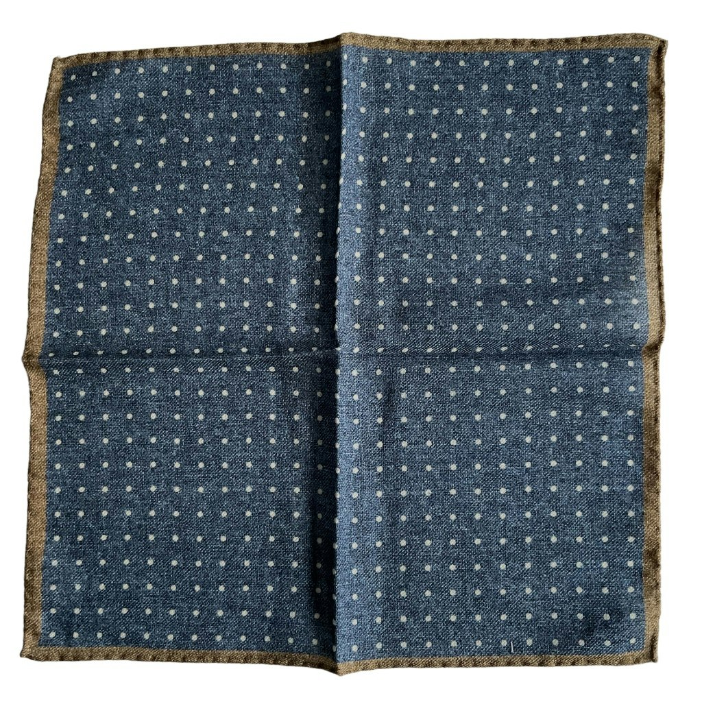Polka Dot Wool Pocket Square - Navy Blue/White/Brown