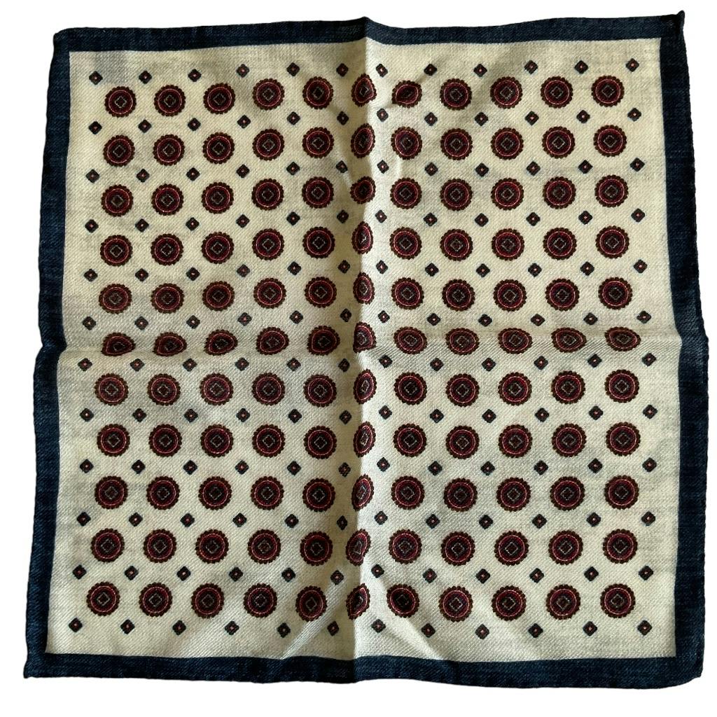 Medallion Wool Pocket Square - Off White/Navy Blue/Burgundy