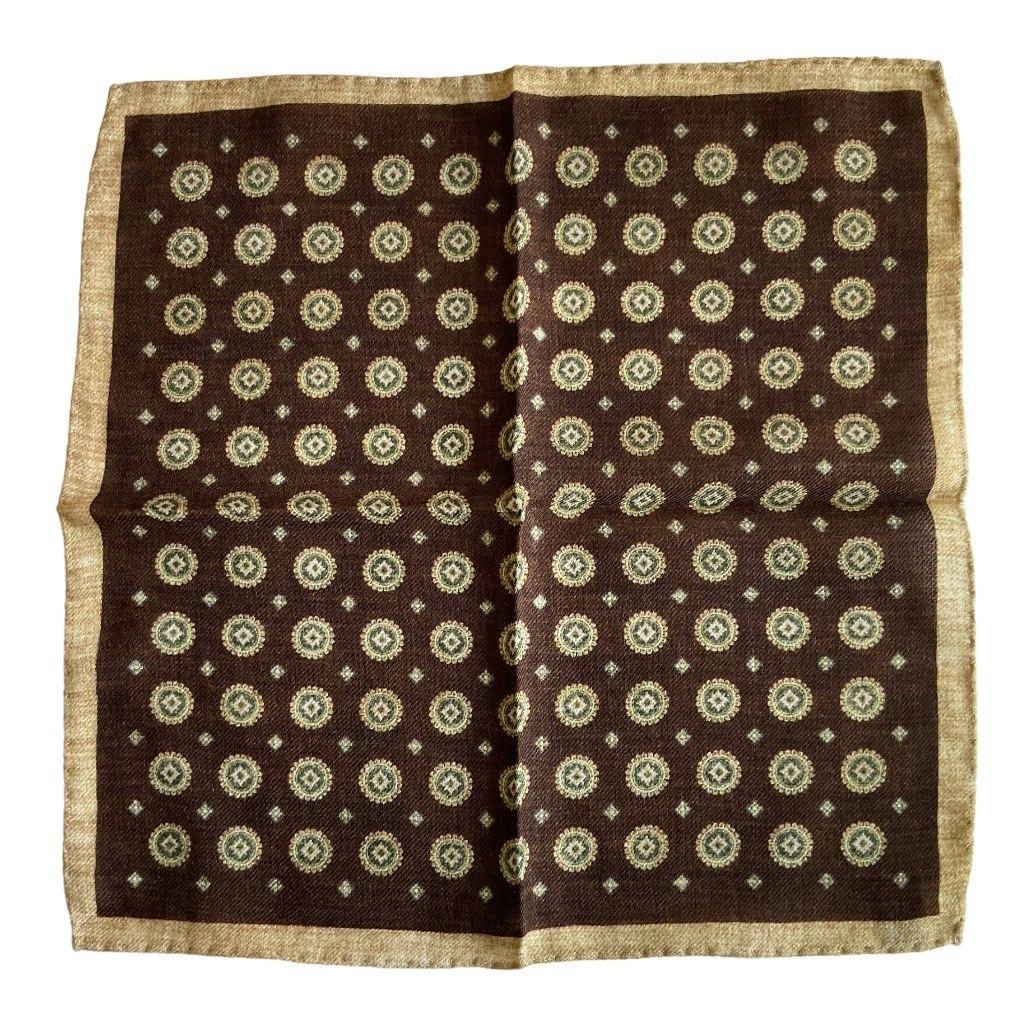 Medallion Wool Pocket Square - Brown/Beige/Green