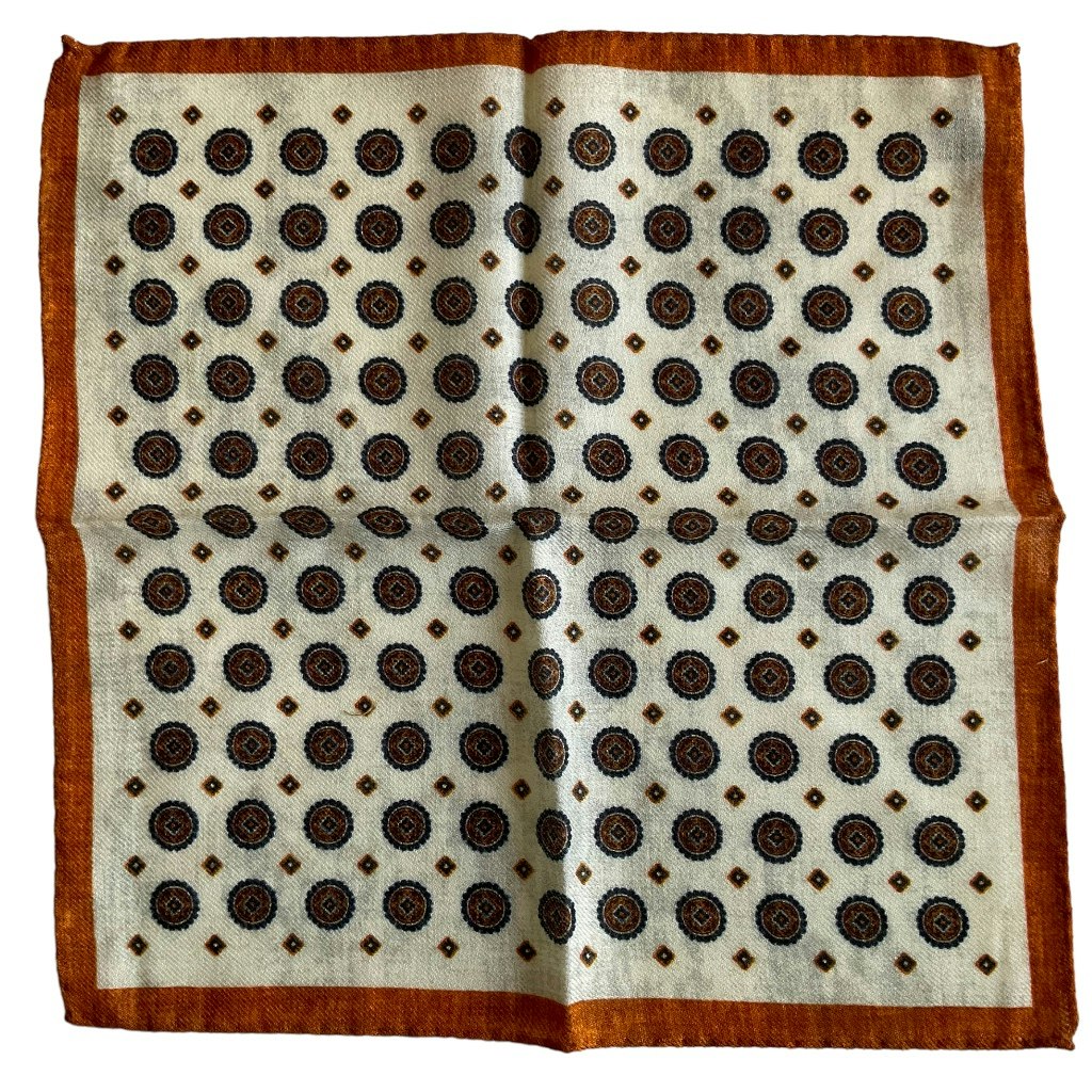 Medallion Wool Pocket Square - Off White/Orange/Light Brown