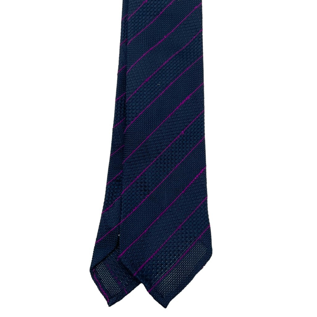 Slobby Striped Silk Grenadine Tie - Untipped - Navy Blue/Lilac