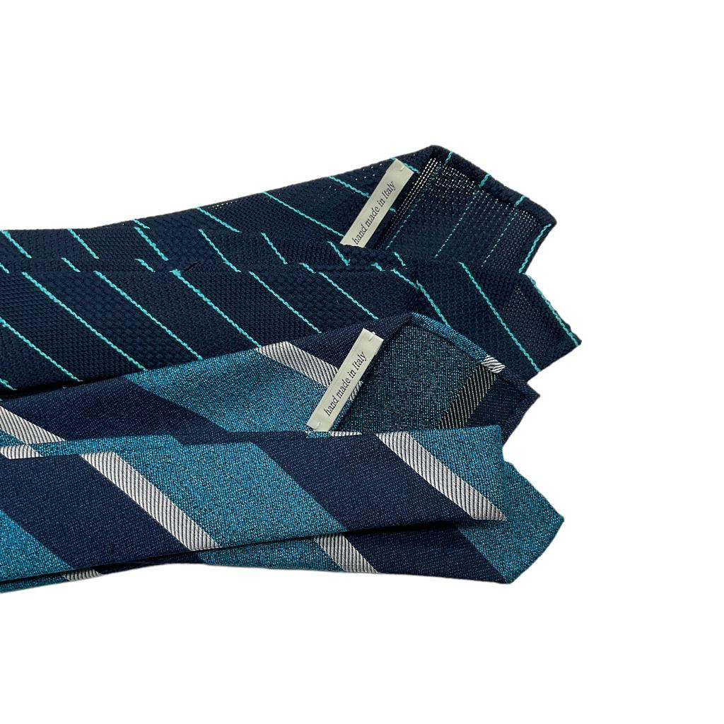 Slobby Striped Silk Grenadine Tie - Untipped - Navy Blue/Turquoise