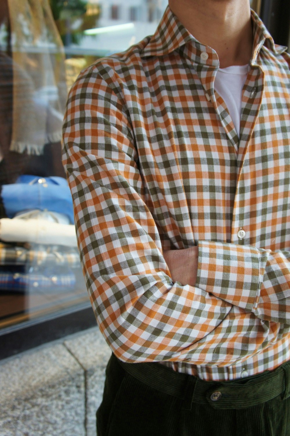 Check Flannel Shirt - Cutaway - Green/Orange/Off White