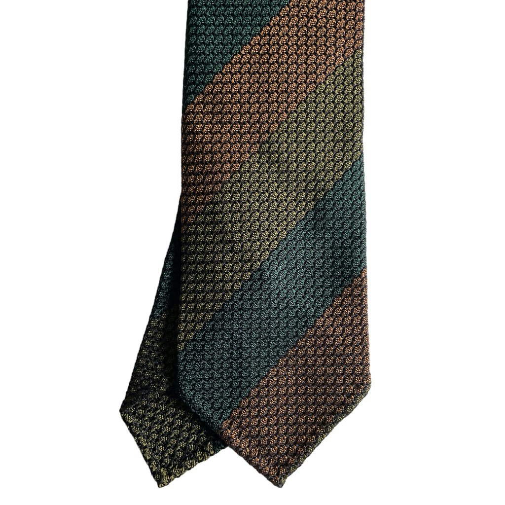 Blockstripe Silk Grenadine Grossa Tie - Untipped - Olive/Dark Green/Rust