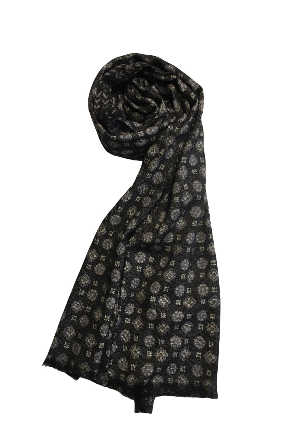Medallion/Floral Wool Scarf - Double - Grey