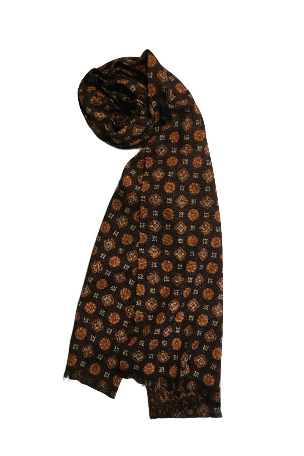 Medallion/Floral Wool Scarf - Double - Brown/Orange