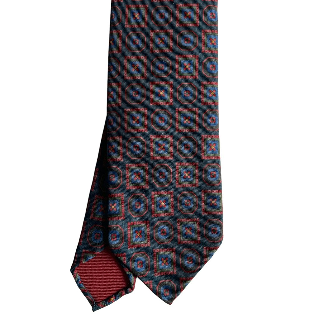 Large Medallion Ancient Madder Silk Tie - Untipped - Navy Blue/Green/Red