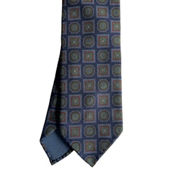 Large Medallion Ancient Madder Silk Tie - Untipped - Navy Blue/Green/Brown