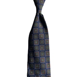 Large Medallion Ancient Madder Silk Tie - Untipped - Navy Blue/Green/Brown