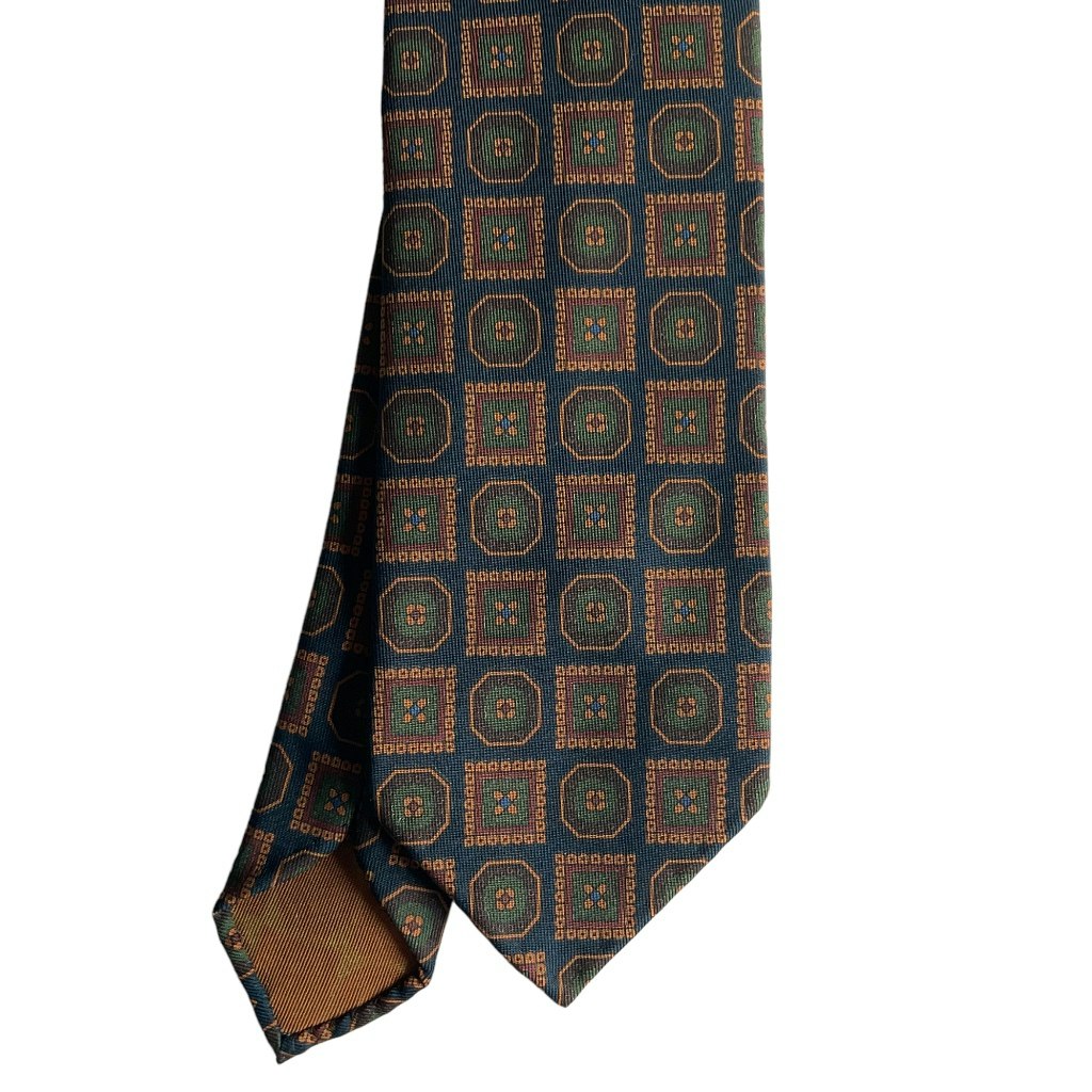 Large Medallion Ancient Madder Silk Tie - Untipped - Navy Blue/Beige/Green