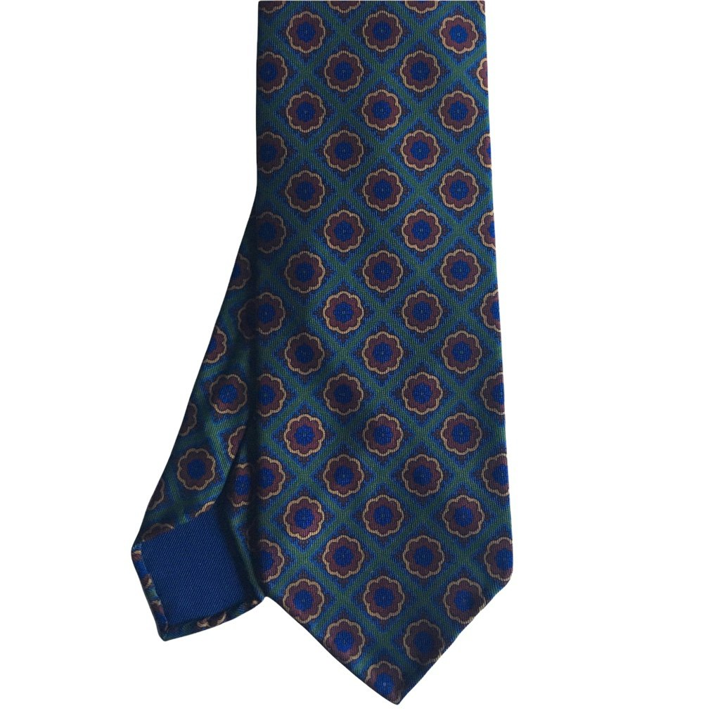 Large Medallion Ancient Madder Silk Tie - Untipped - Green/Burgundy/Blue