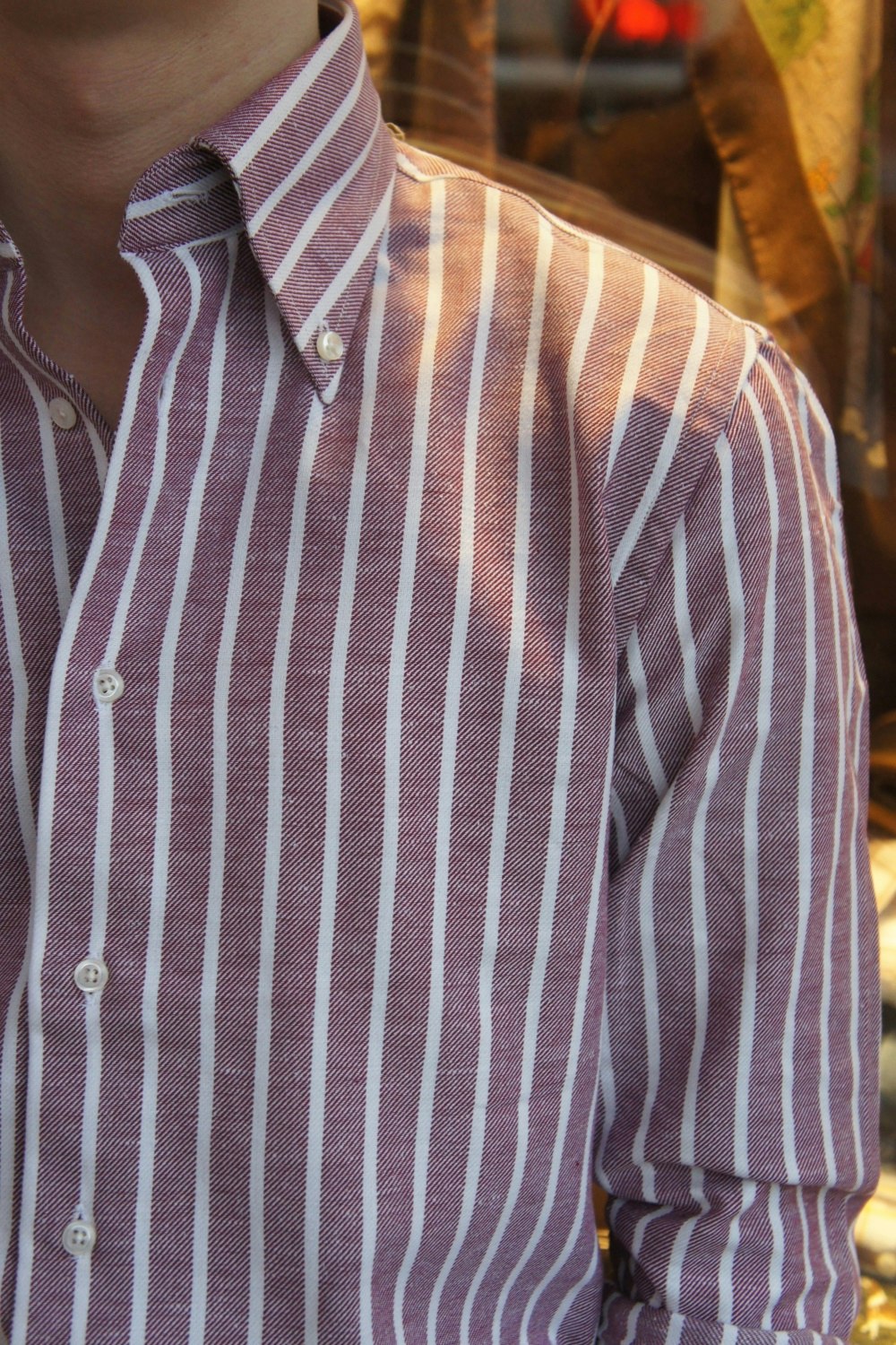 Striped Twill Shirt - Button Down - Burgundy/White