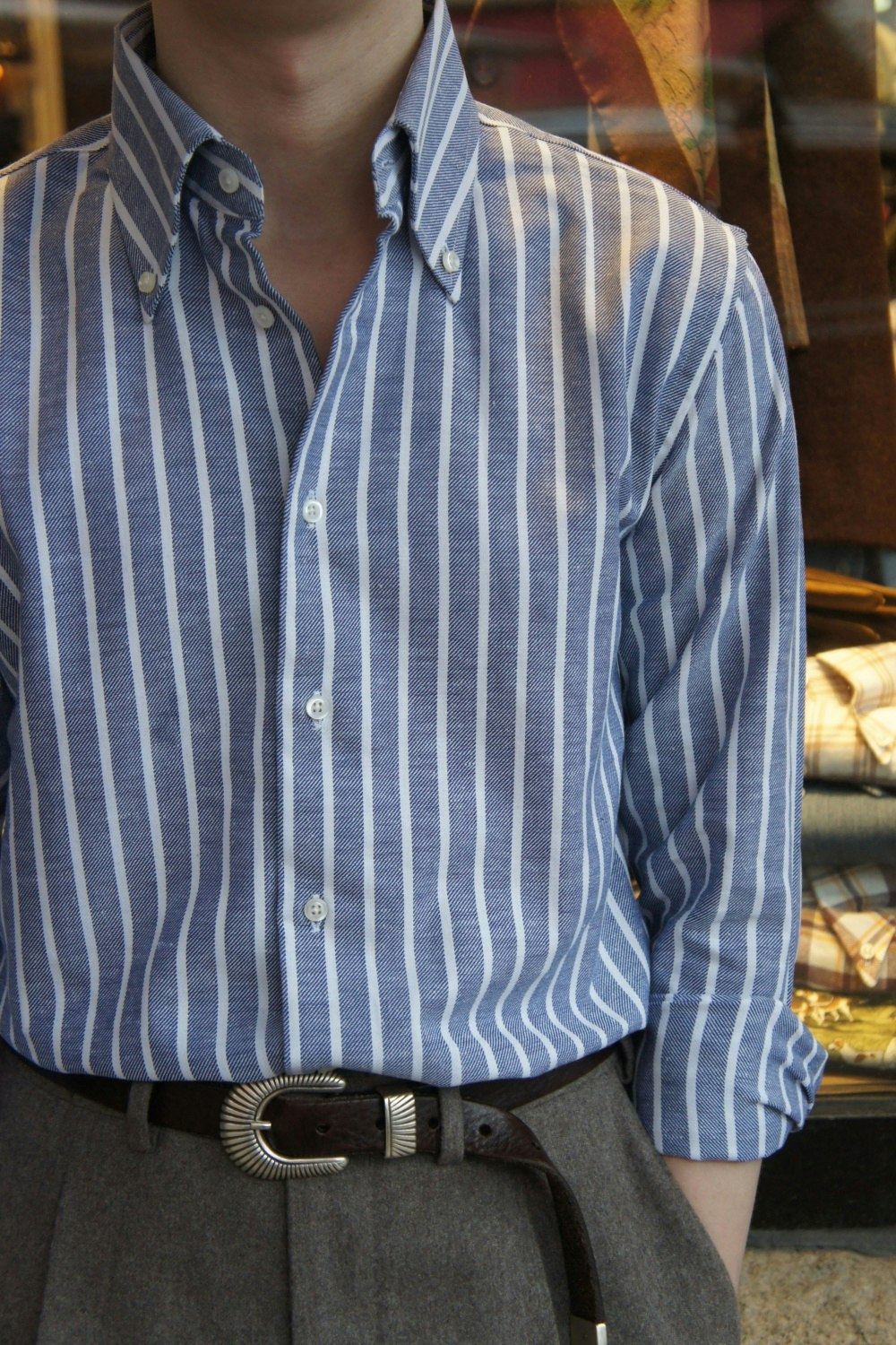 Striped Twill Shirt - Button Down - Navy Blue/White