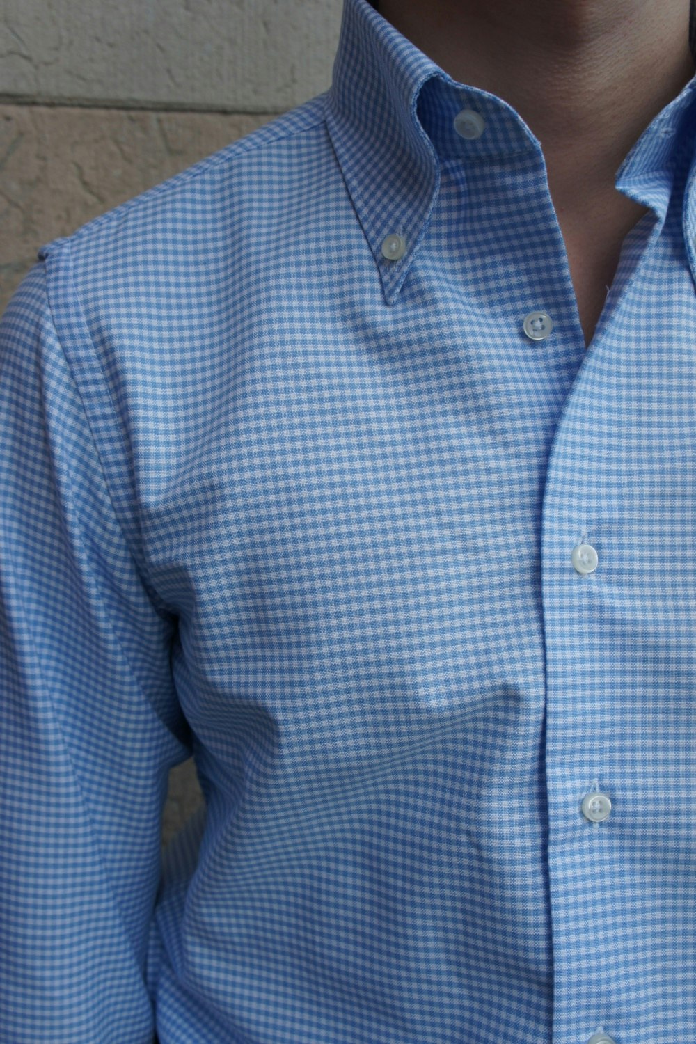 Smårutig Oxfordskjorta Button Down - Ljusblå/Vit
