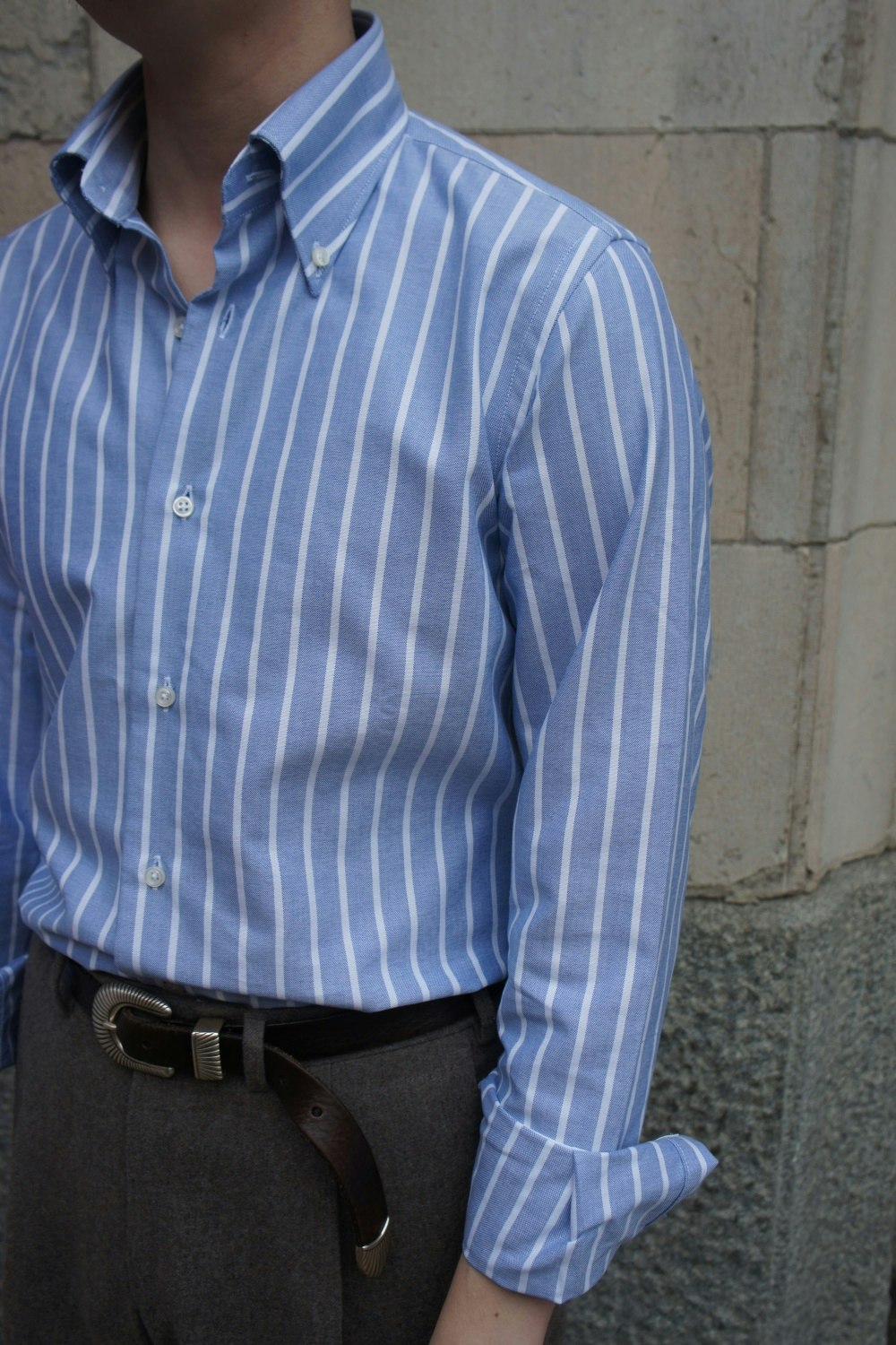 Heavy Pinstripe Oxfordskjorta Button Down - Ljusblå/Vit