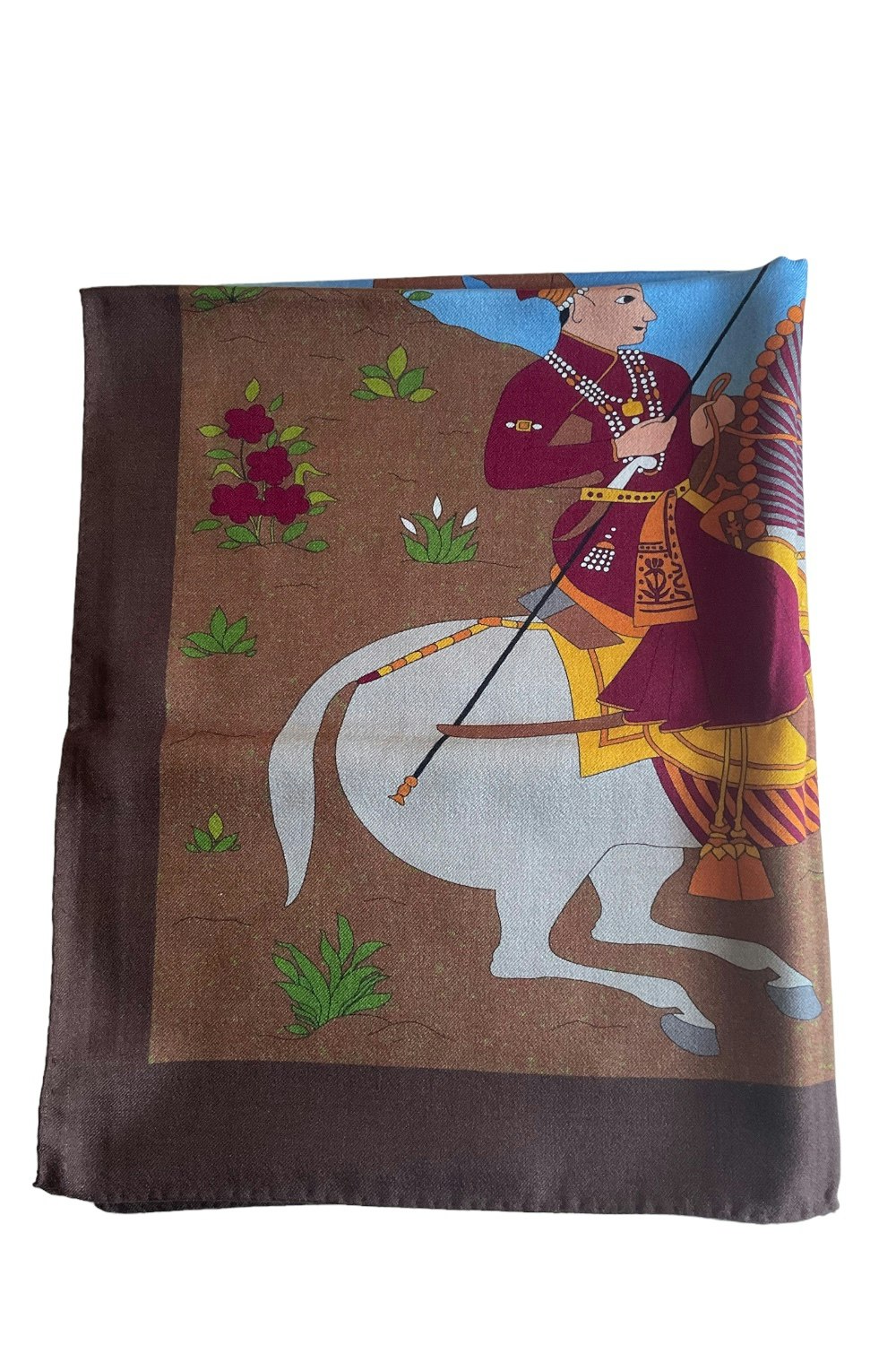 Oriental Knight Motif Printed Wool/Silk Scarf - Brown