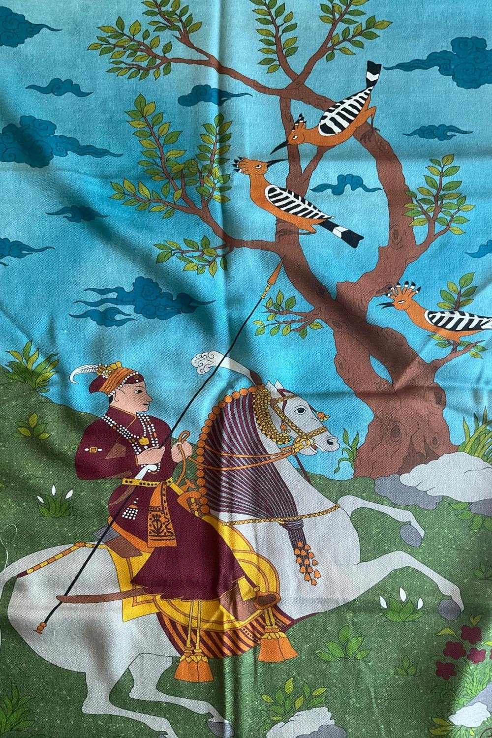 Oriental Knight Motif Printed Wool/Silk Scarf - Light Brown