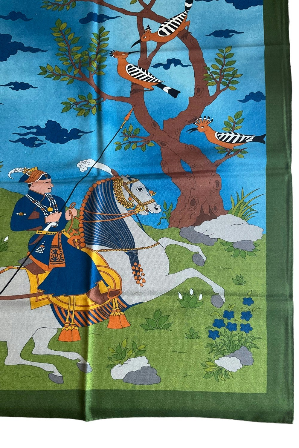 Oriental Knight Motif Printed Wool/Silk Scarf - Green