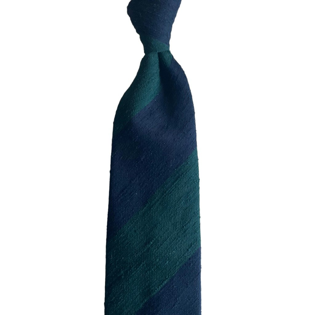 Blockstripe Shantung Tie - Untipped - Dark Green/Navy Blue