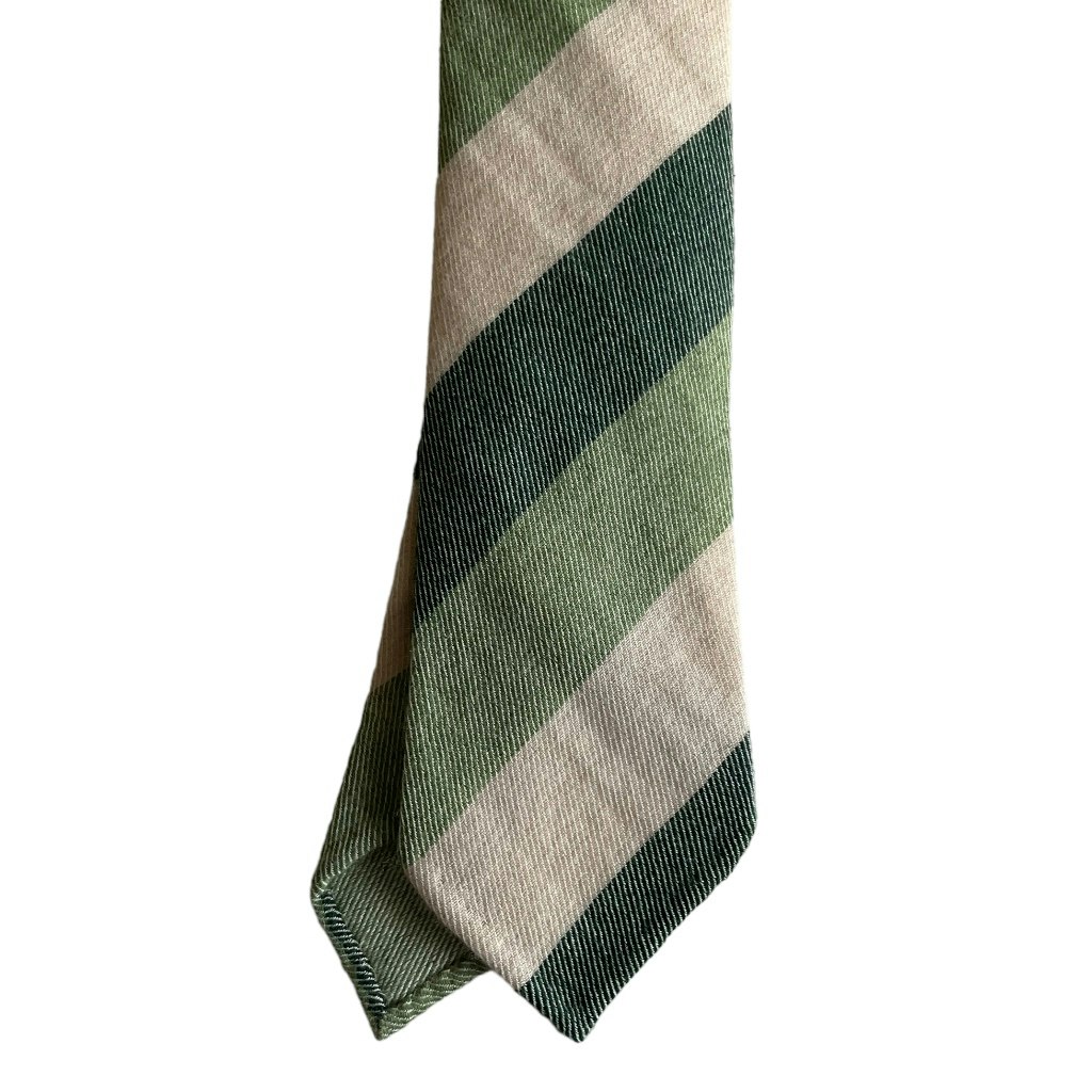 Blockstripe Cashmere Tie - Untipped - Dark Green/ Light Green/Beige