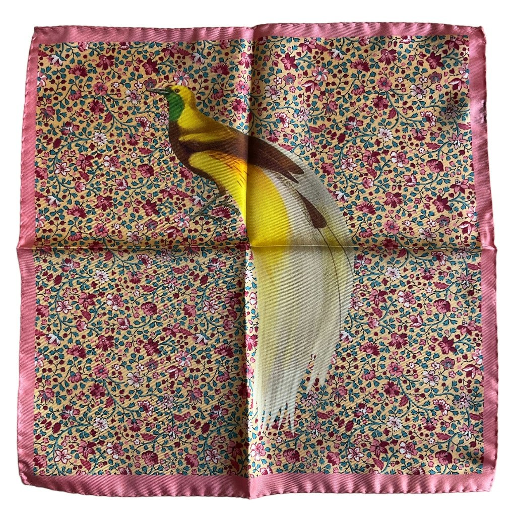 Bird Floral Silk Pocket Square - Yellow/Pink/Turquoise