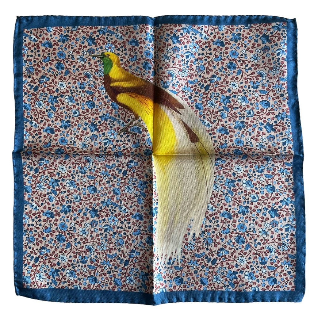 Bird Floral Silk Pocket Square - Yellow/Beige/Blue