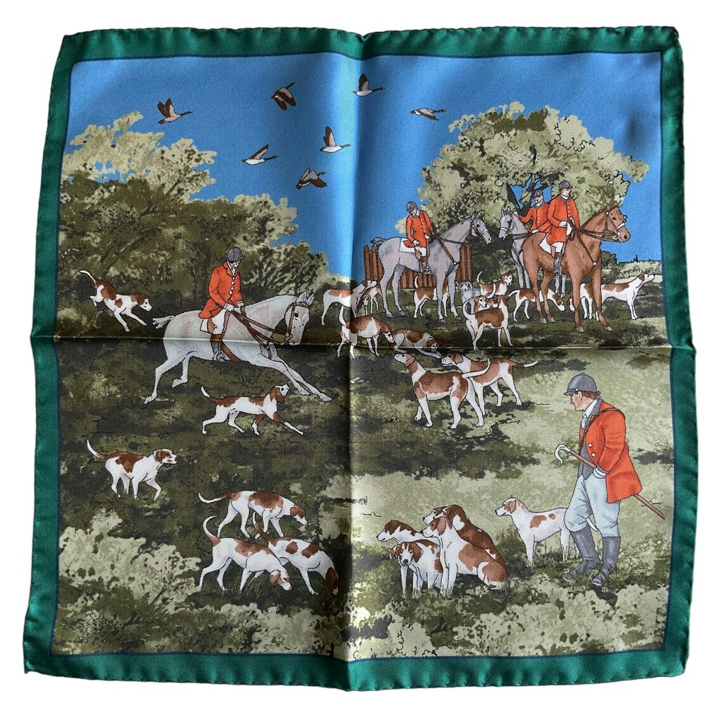 Hunting Party Silk Pocket Square - Green/Light Blue/Red