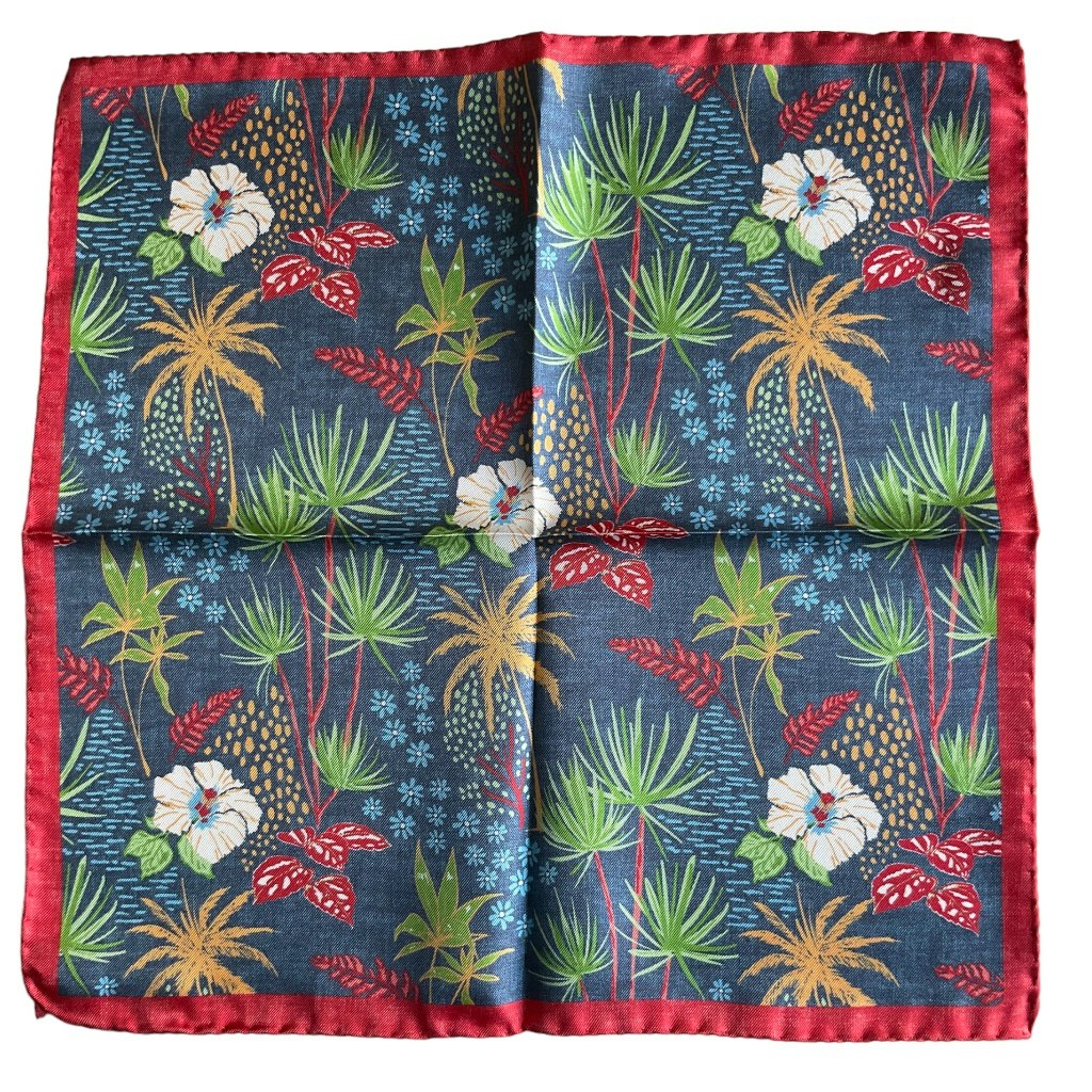 Botanic Silk Pocket Square - Navy Blue/Red