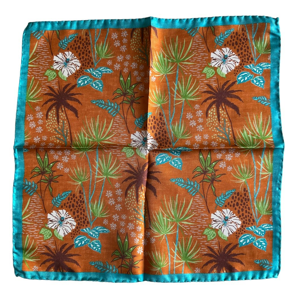 Botanic Silk Pocket Square - Orange/Turquoise