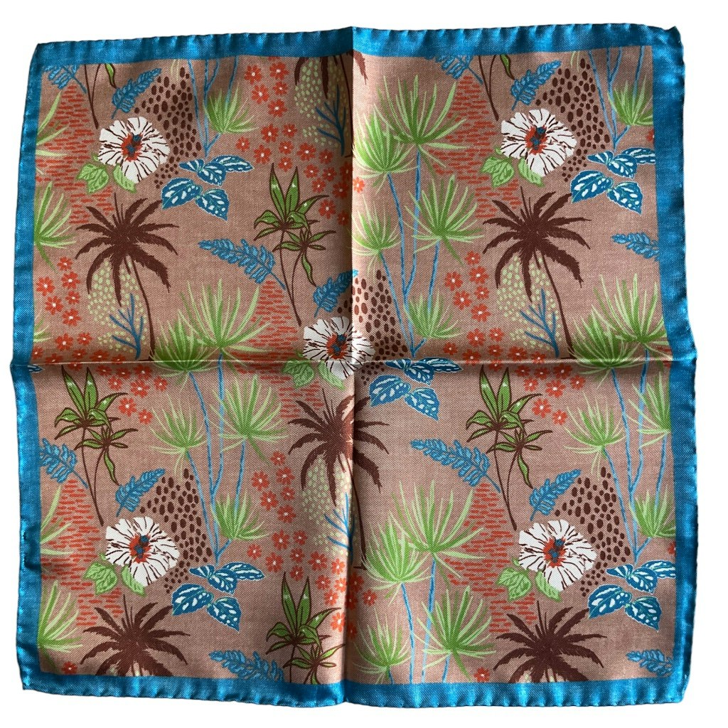 Botanic Silk Pocket Square - Beige/Turquoise