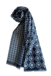 Floral Cotton/Linen Scarf - Navy Blue/Light Blue/White