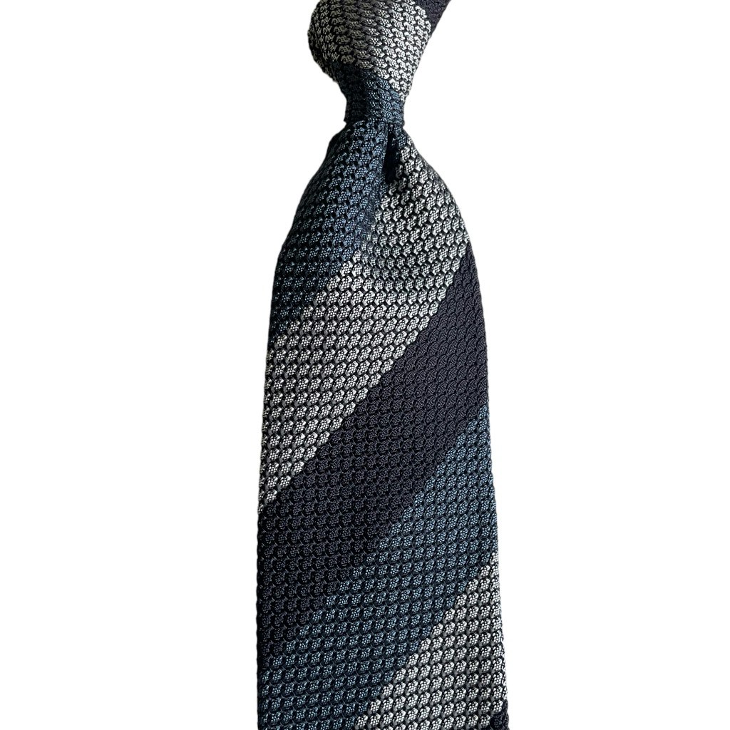 Blockstripe Silk Grenadine Grossa Tie - Untipped - Navy Blue/Mid Blue/Grey