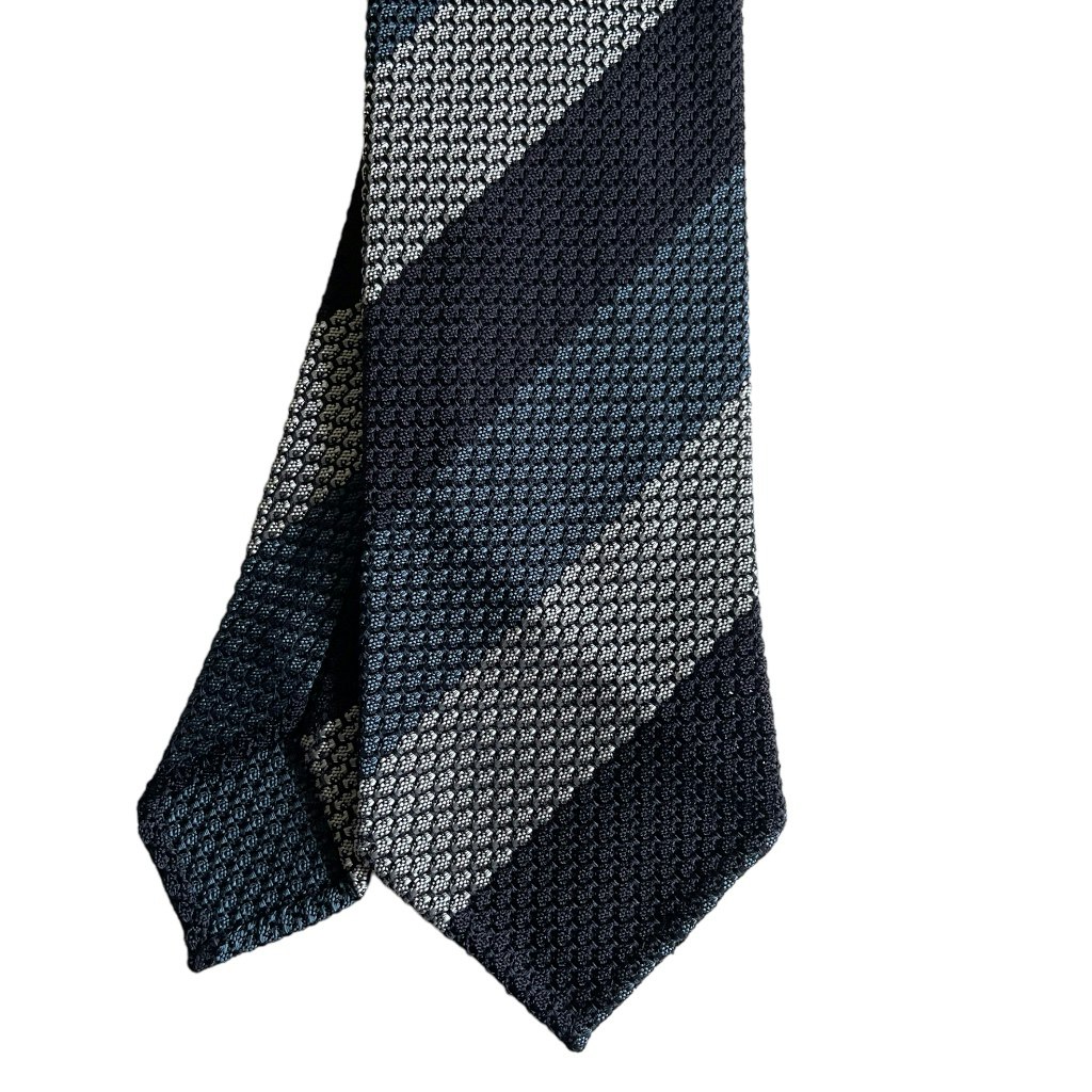 Blockstripe Silk Grenadine Grossa Tie - Untipped - Navy Blue/Mid Blue/Grey