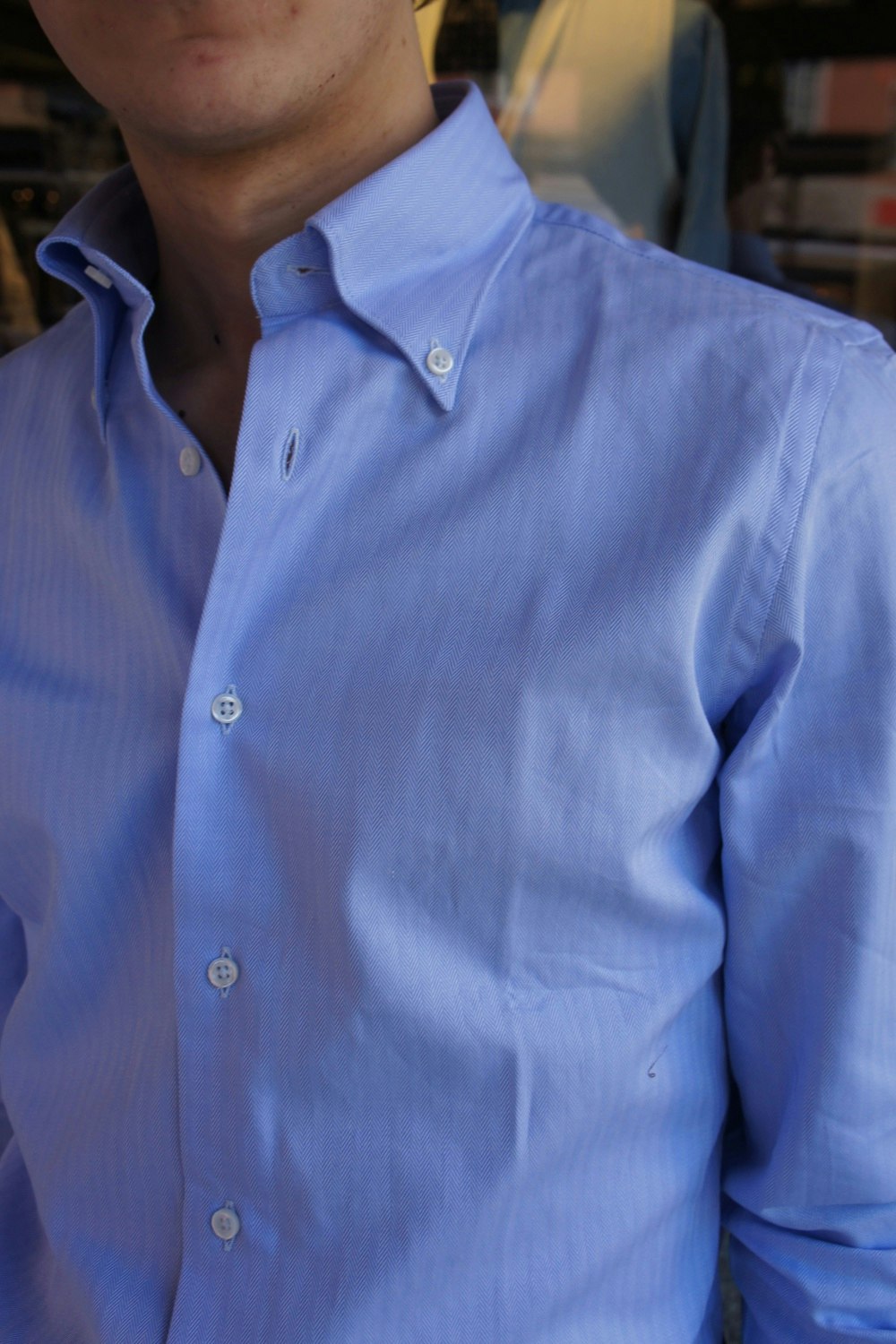 Solid Herringbone Twill Shirt - Button Down - Light Blue