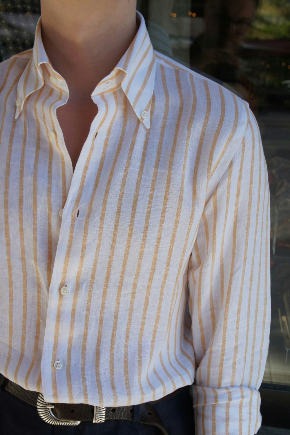 Pinstripe Linen Shirt - Button Down - White/Dark Yellow