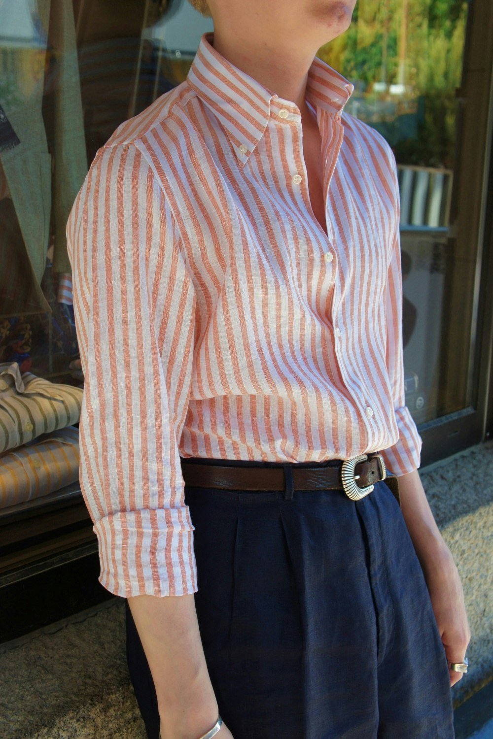 Bengal Stripe Linen Shirt - Button Down - Orange/White