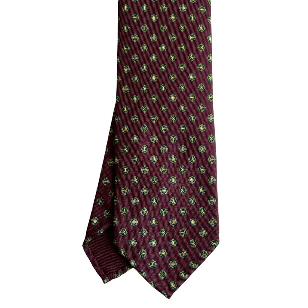 Floral Printed Silk Tie - Untipped - Burgundy/Green/Yellow