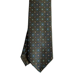 Medallion Printed Silk Tie - Untipped - Olive Green/Light Blue