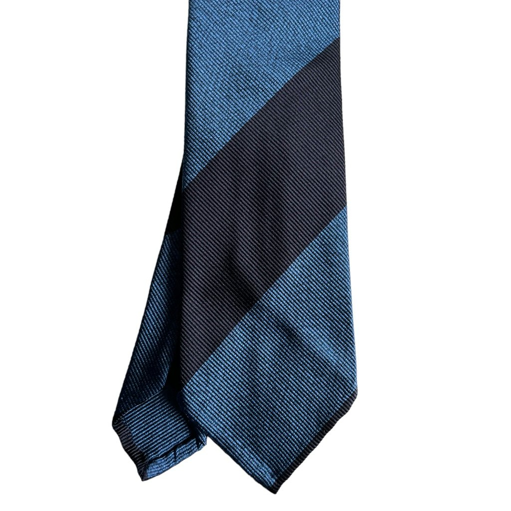 Blockstripe Silk Tie - Untipped - Navy Blue/Mid Blue