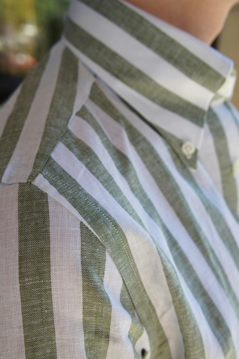 Wide Striped Linen/Cotton Shirt - Button Down - Olive Green/White