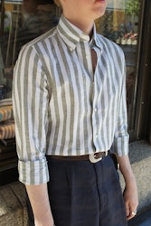 Wide Striped Linen/Cotton Shirt - Button Down - Olive Green/White