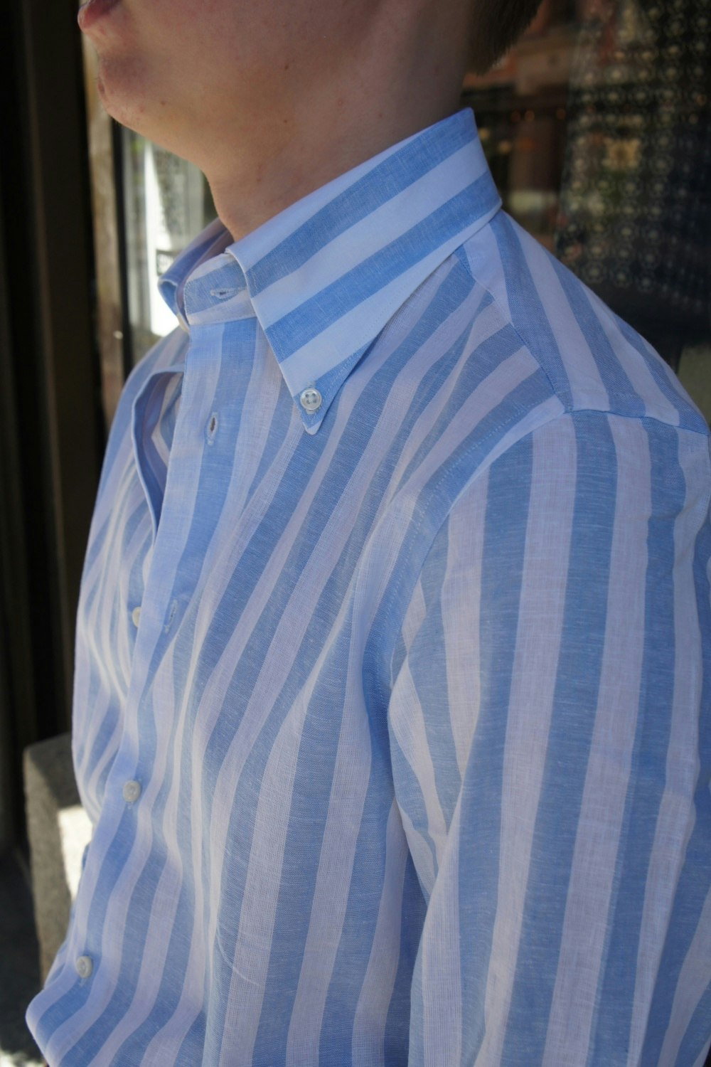 Wide Striped Linen/Cotton Shirt - Button Down - Light Blue/White