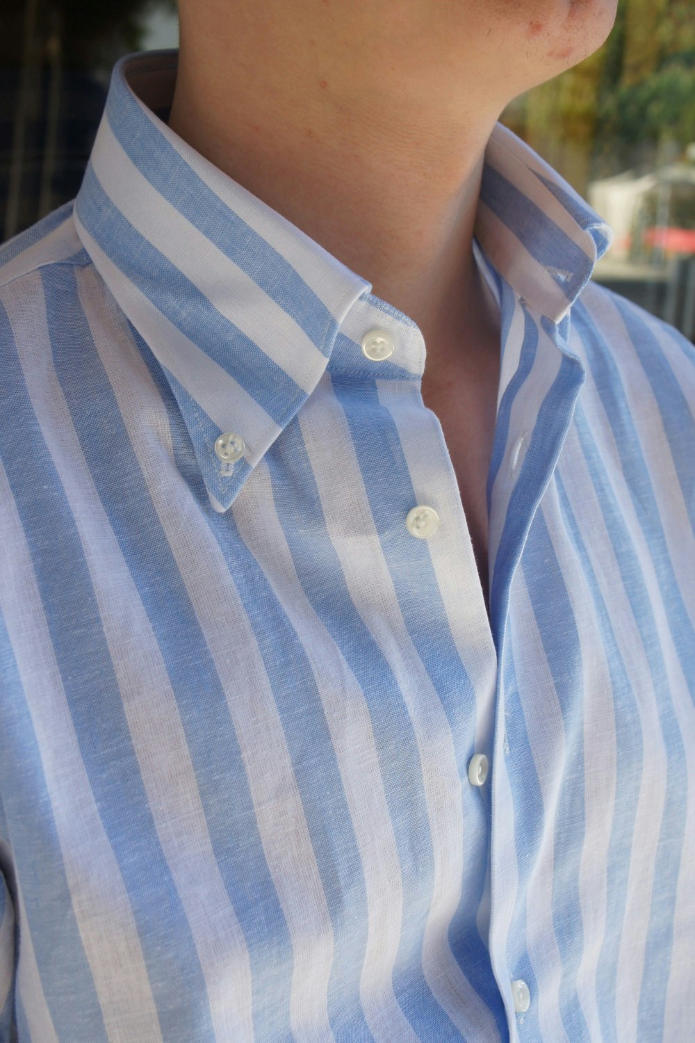 Wide Striped Linen/Cotton Shirt - Button Down - Light Blue/White