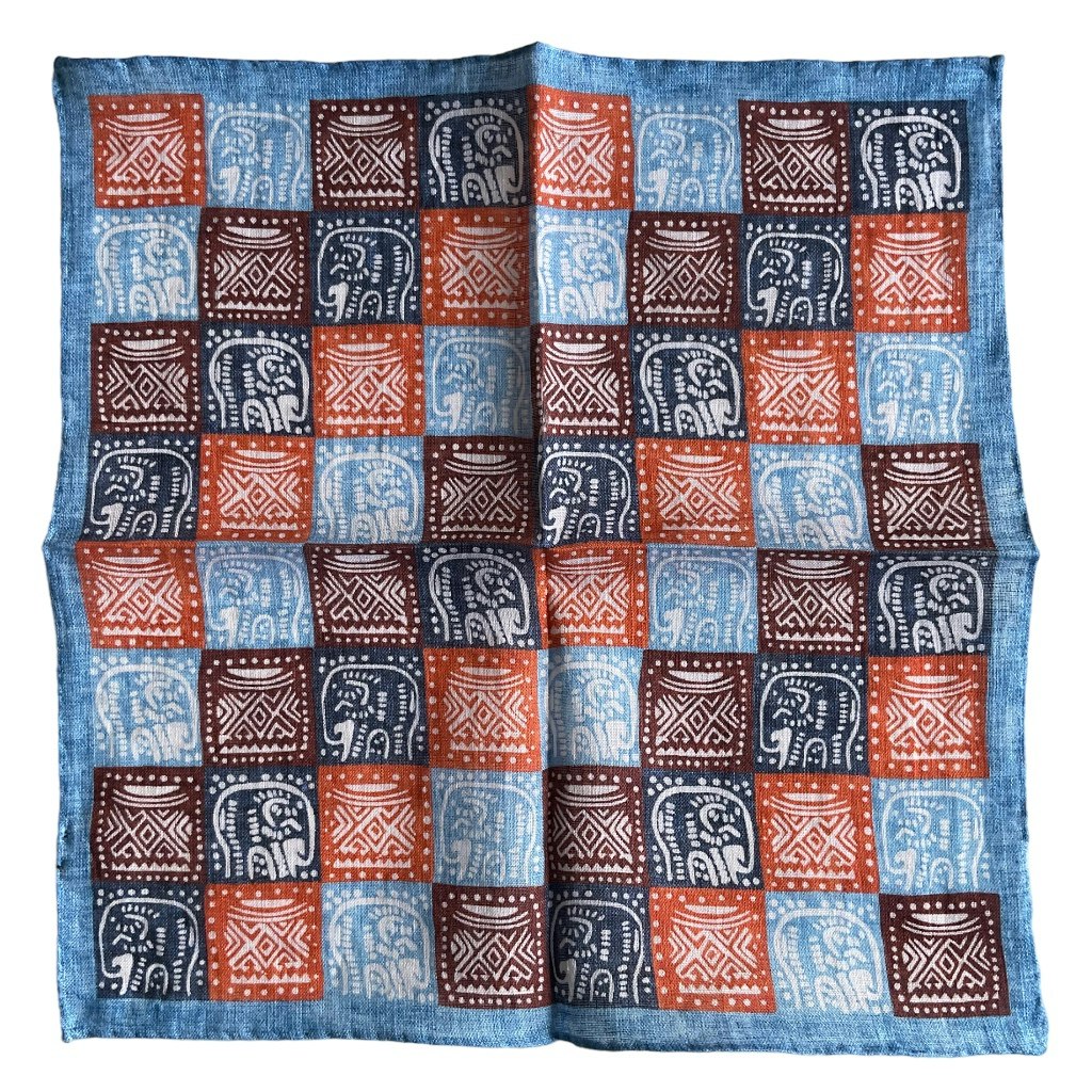 African Linen Pocket Square - Light Blue/Brown/Navy Blue/Orange
