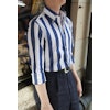 Wide Striped Poplin Shirt - Button Down - Navy Blue/White