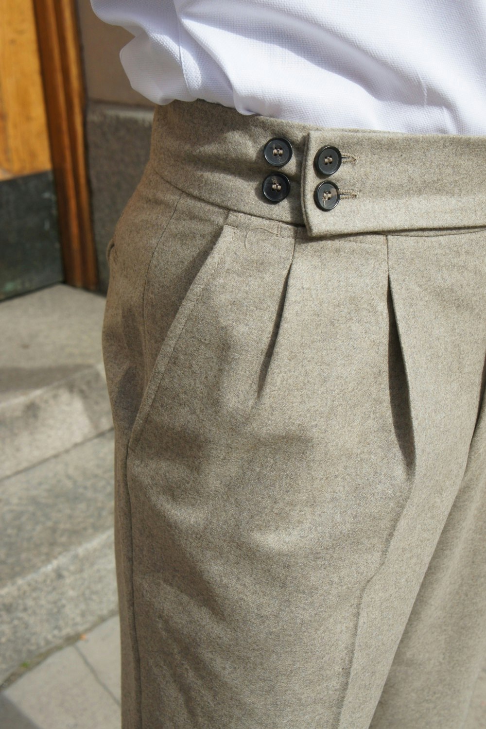 Solid High Waist Flannel Trousers - Taupe